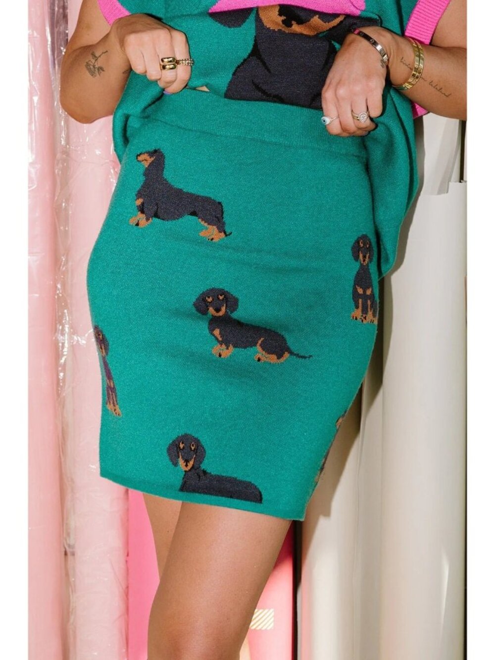 Lala Original Designs Le Hot Dog Dachshund Knit Mini Skirt Green Size M